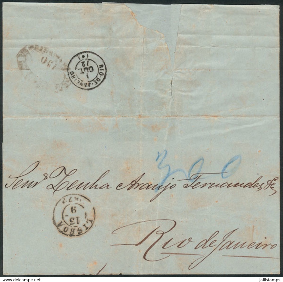 PORTUGAL: 13/SE/1872 Lisboa - Rio De Janeiro: Folded Cover With Datestamp Of Lisboa, Maritime Dues Of 150Rs., Rio Arriva - Other & Unclassified