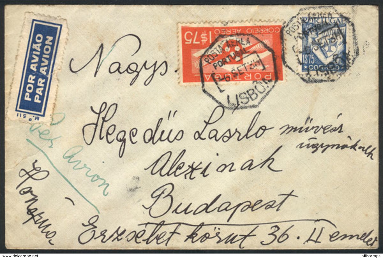 PORTUGAL: 6/SE/1938 Lisboa - Hungary, Airmail Cover Franked With R3.50, Arrival Backstamp Of Budapest 8/SE, VF! - Autres & Non Classés