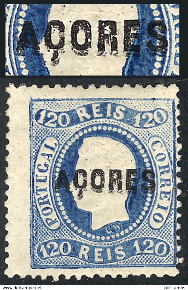 PORTUGAL - AZORES: Sc.14, 1868/70 120r. Blue With Variety: DOUBLE OVERPRINT, Mint Original Gum, VF Quality! - Açores