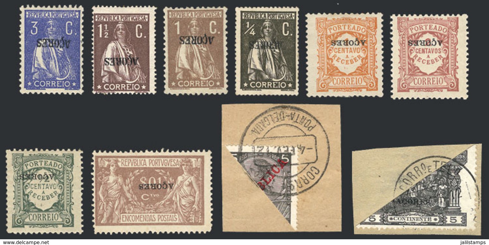 PORTUGAL - AZORES: VARIETIES: 8 Stamps With INVERTED Overprints, Also 2 Fragments With BISECTS, Very Fine General Qualit - Azores