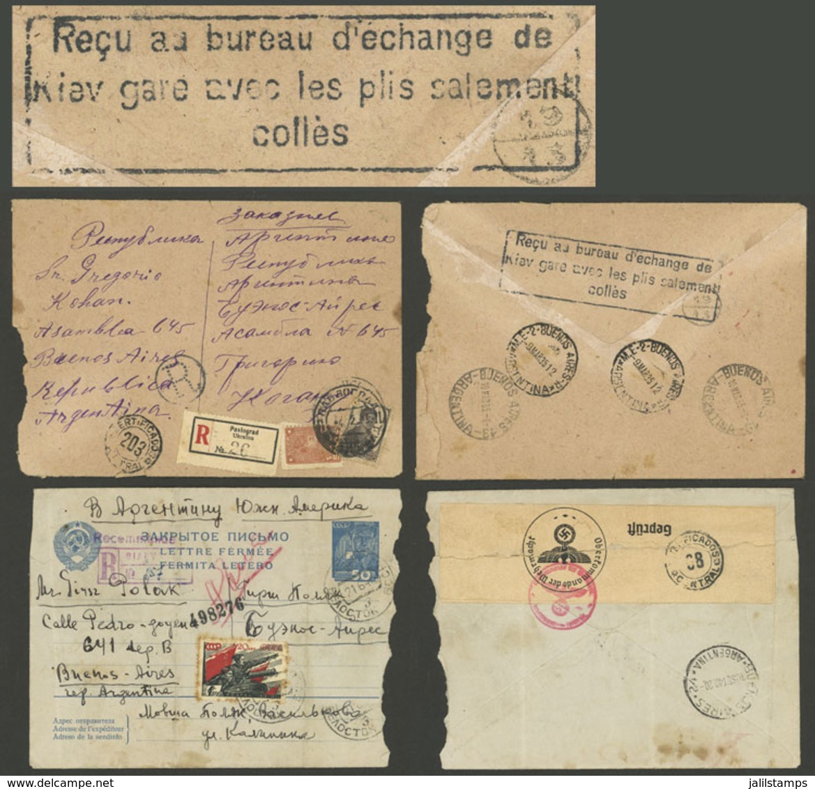 RUSSIA: 2 Registered Covers Sent To Argentina In 1935 And 1940, The First One With Interesting Postal Mark Of Kiev On Ba - Other & Unclassified