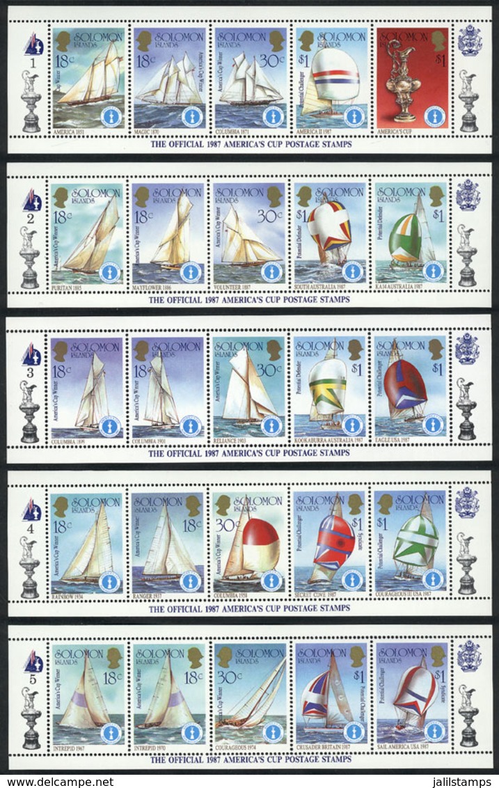 SOLOMON ISLANDS: Sc.570/574, 1986 America's Cup, Complete Set Of 10 Sheets Of 5 Stamps Each, Topic Maps, Sailing Yachts  - Salomoninseln (Salomonen 1978-...)