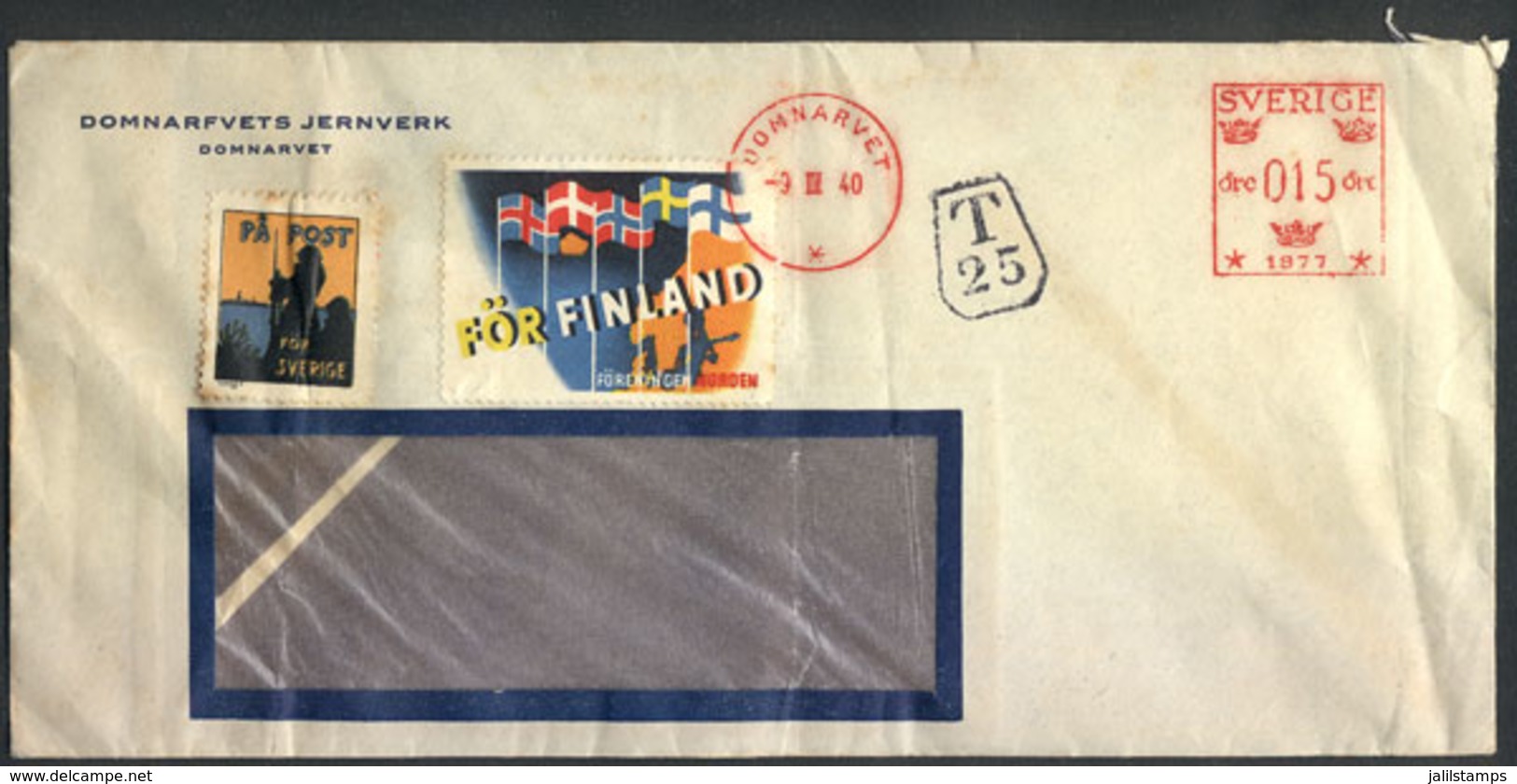 SWEDEN: Cover With Metered Postage Of 15ö And 2 Nice Cinderellas (topic War, Maps, Flags), Sent From Domnarvet To Argent - Lettres & Documents