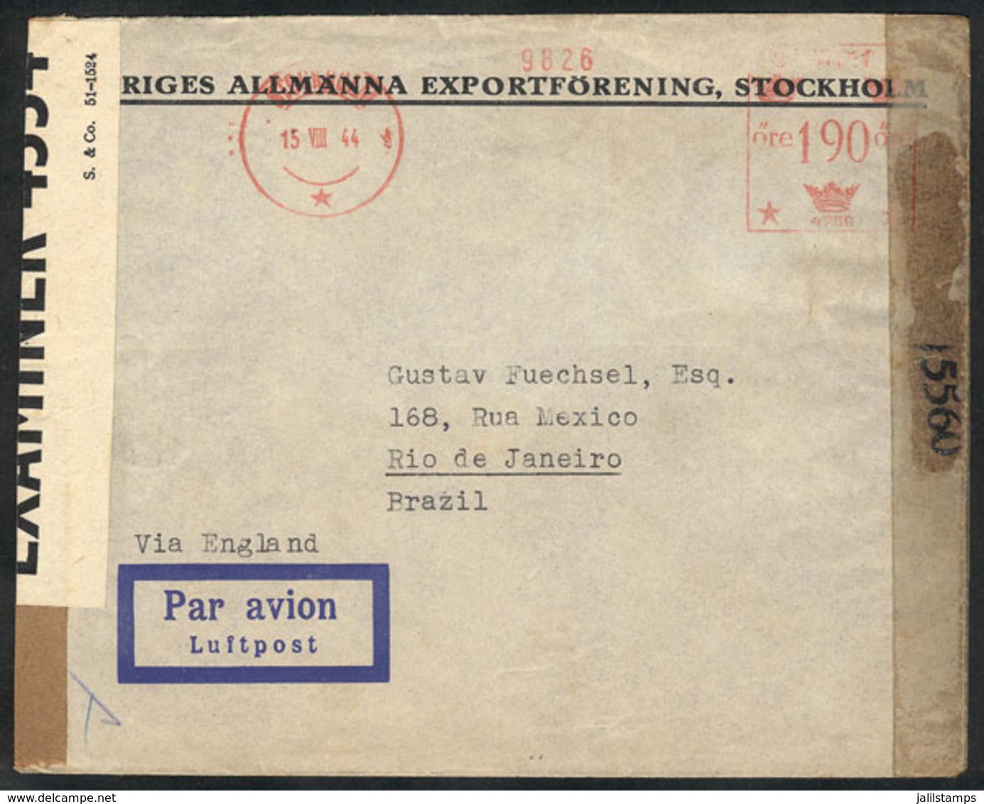 SWEDEN: Airmail Cover Sent From Stockholm To Brazil On 15/AU/1944, With Meter Postage And Double Censor, VF! - Lettres & Documents