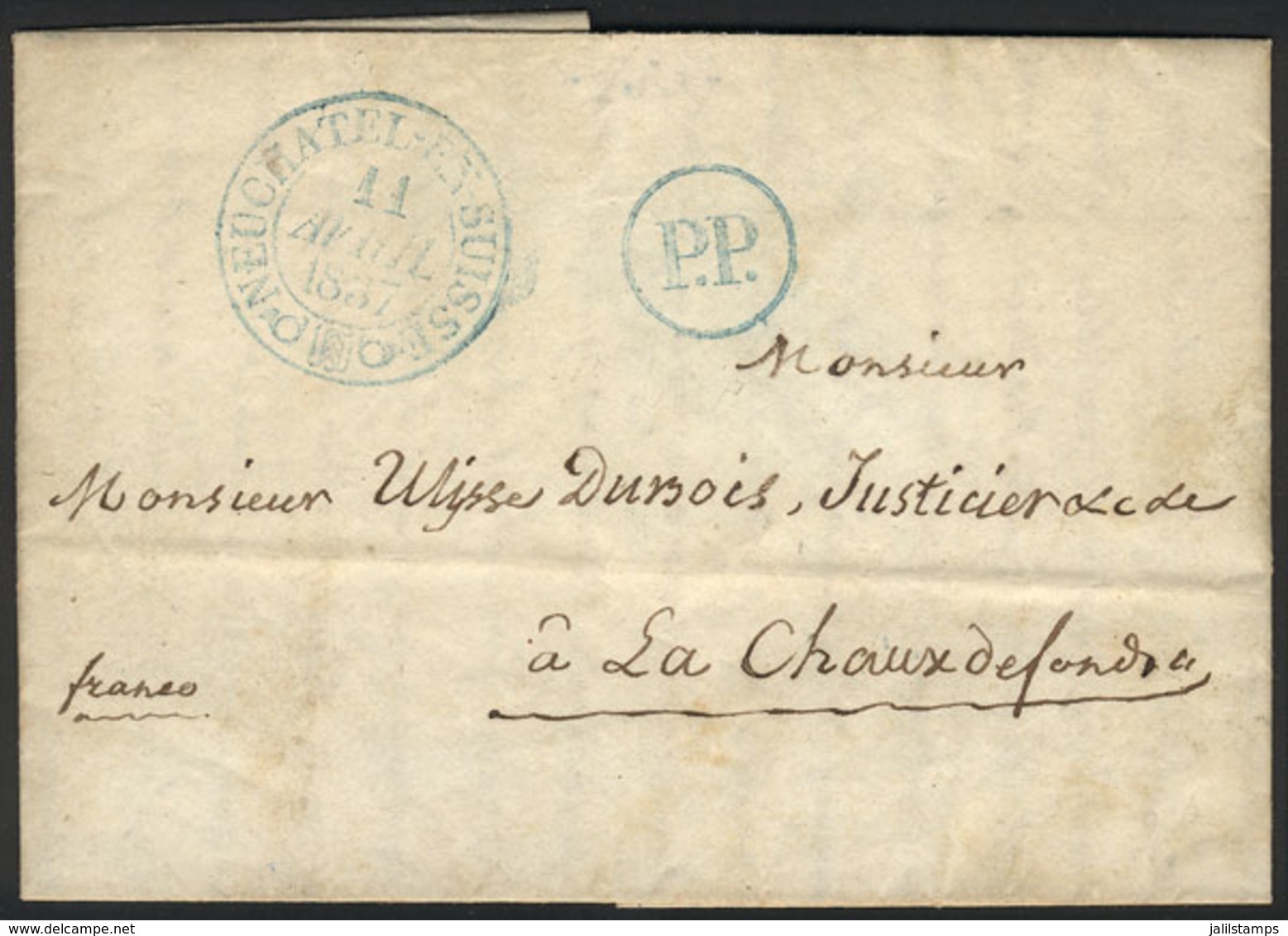 SWITZERLAND: Entire Letter Sent From Neuchatel To La Chaux De Fond On 11/AP/1937, Nice Blue Markings, Excellent Quality! - ...-1845 Prephilately