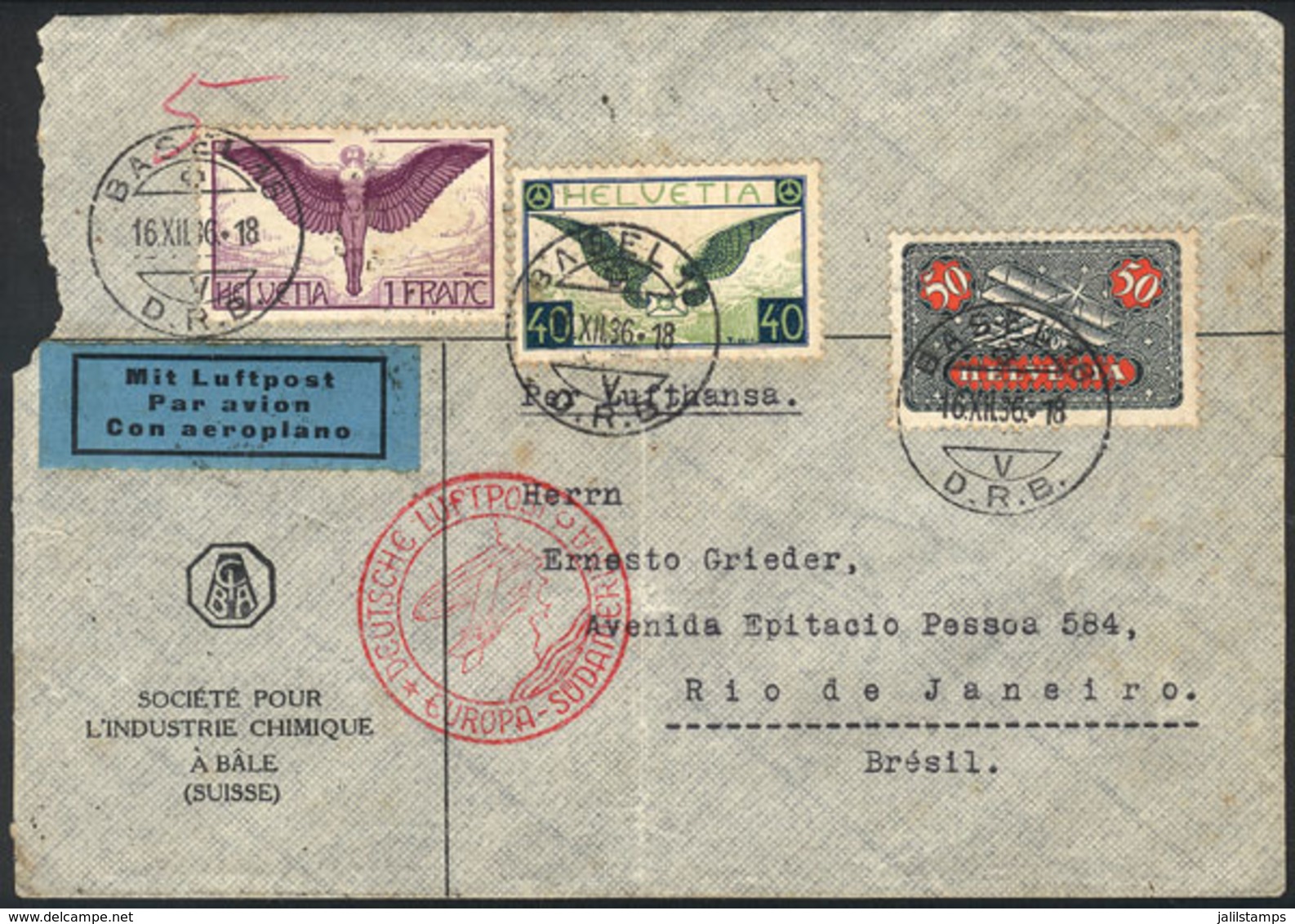 SWITZERLAND: Airmail Cover Sent From Basel To Rio De Janeiro On 16/DE/1936 By Germany DLH Franked With 1.90Fr., Interest - ...-1845 Prephilately