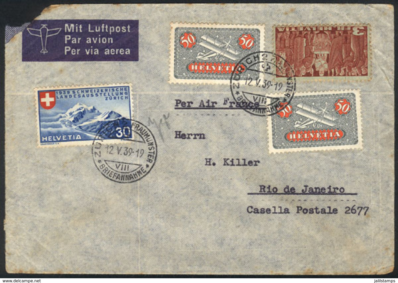 SWITZERLAND: Airmail Cover Sent From Zurich To Rio De Janeiro On 12/MAY/1939 By Air France Franked With 4.30Fr., Corner  - ...-1845 Vorphilatelie