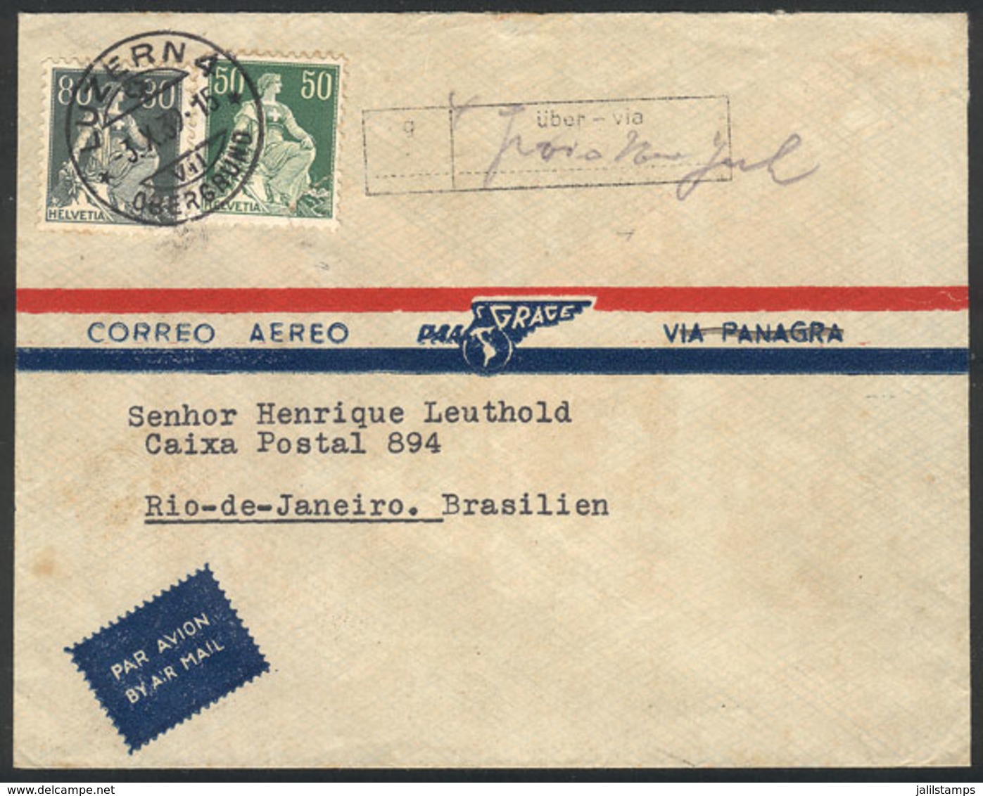 SWITZERLAND: Airmail Cover Sent From Luzern To Rio De Janeiro On 3/OC/1939 Franked With 80c., VF Quality! - ...-1845 Prephilately