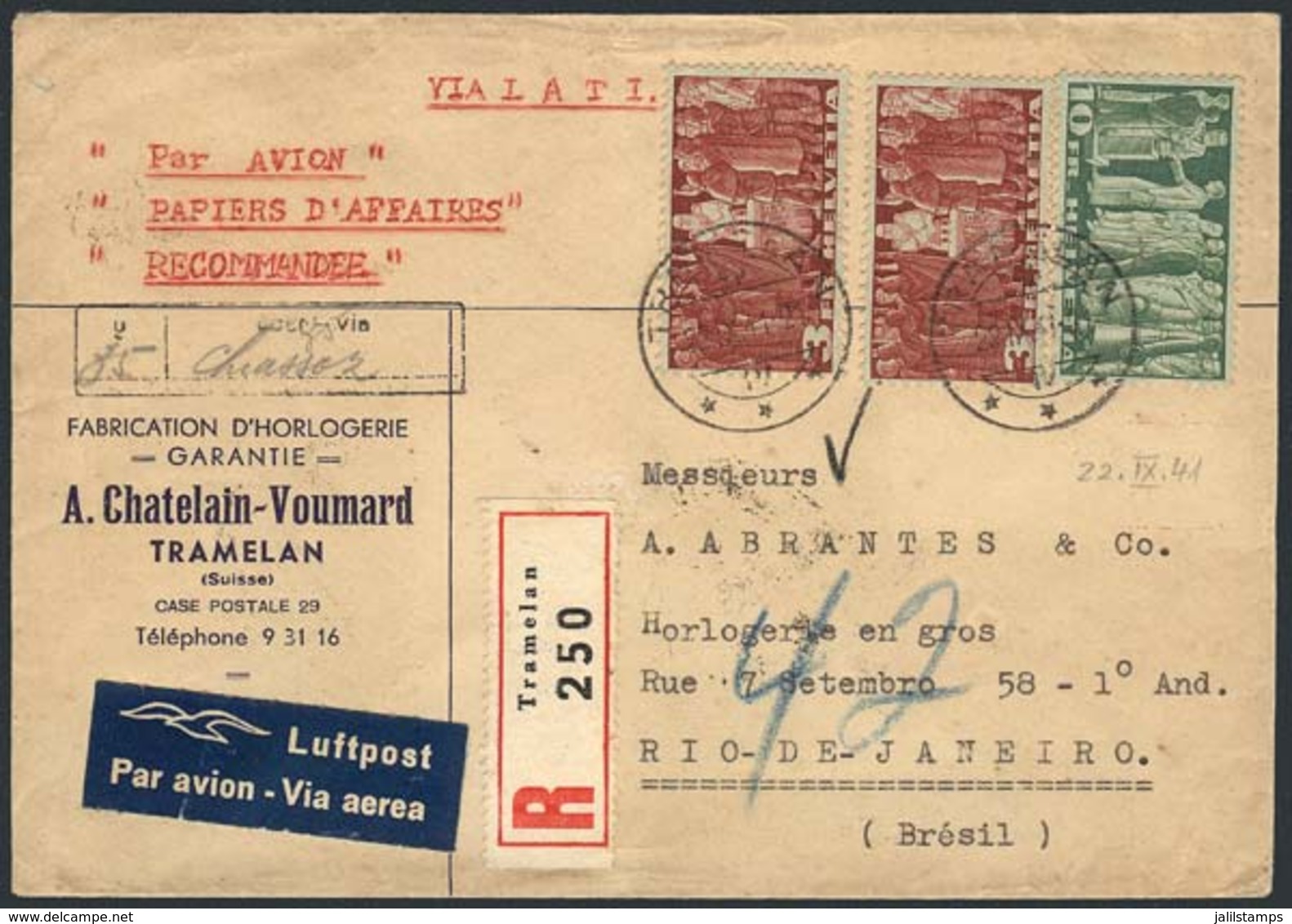 SWITZERLAND: Registered Airmail Cover Sent VIA LATI From Tramelan To Brazil On 22/SE/1941 Franked With 16Fr., VF Quality - ...-1845 Prephilately