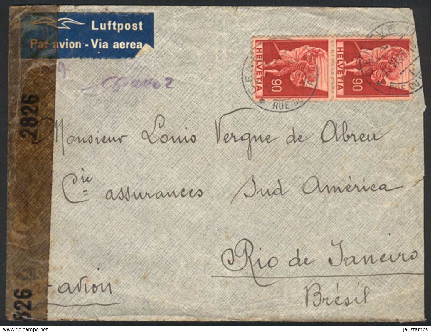 SWITZERLAND: Airmail Cover Sent From Geneve To Rio De Janeiro On 23/JUN/1943 Franked With 1.80Fr., With Arrival Backstam - ...-1845 Préphilatélie