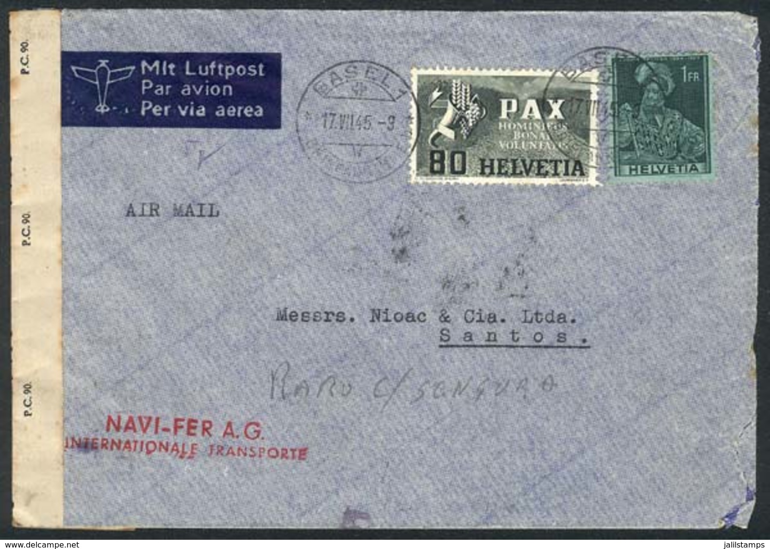 SWITZERLAND: Airmail Cover Sent From Basel To Brazil On 17/JUL/1945 Franked With 1.80Fr., Including The 80c. Pax (Sc.300 - ...-1845 Préphilatélie