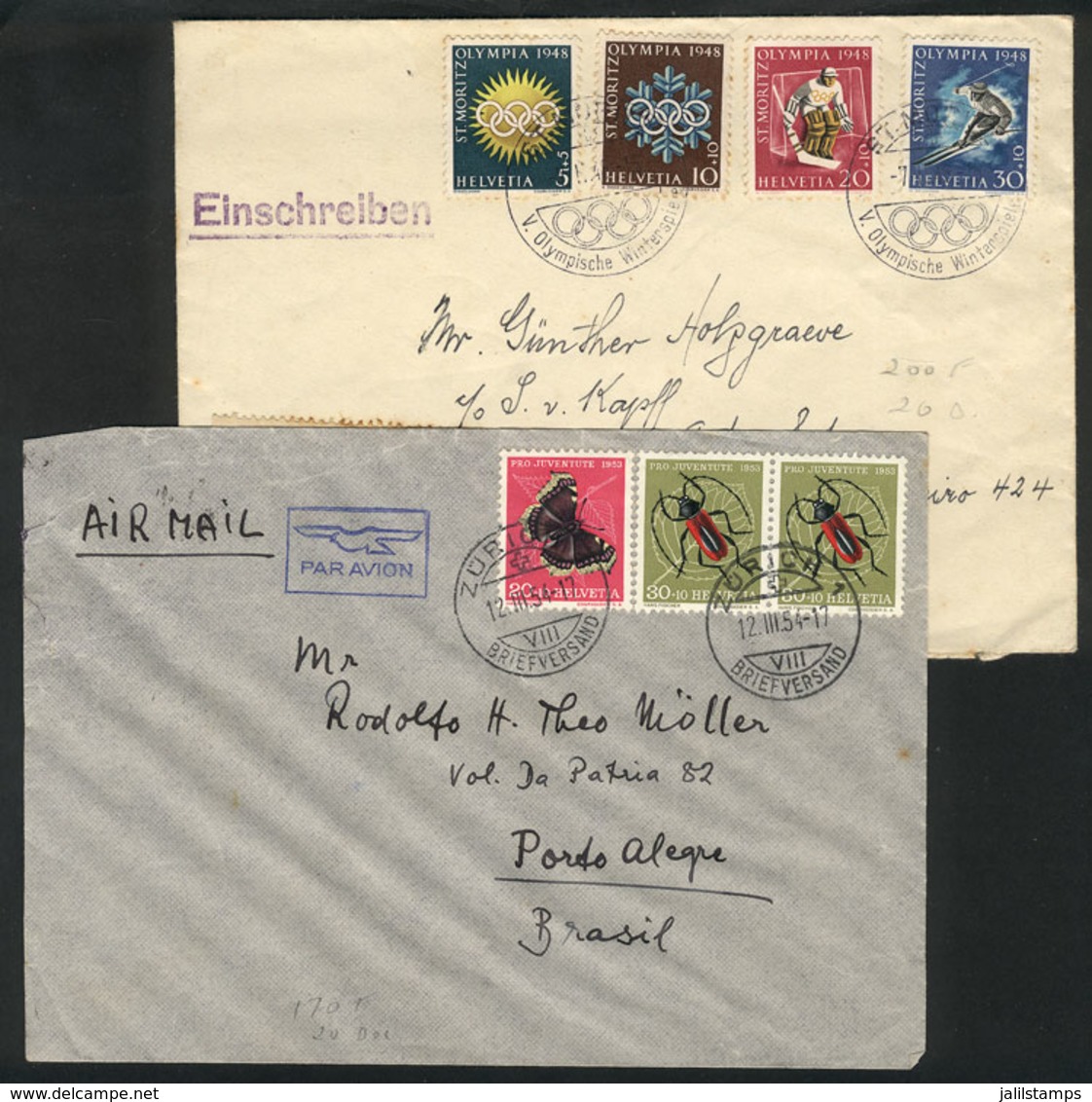 SWITZERLAND: 2 Covers Sent To Brazil In 1948 And 1954, Nice Postages! - ...-1845 Prephilately