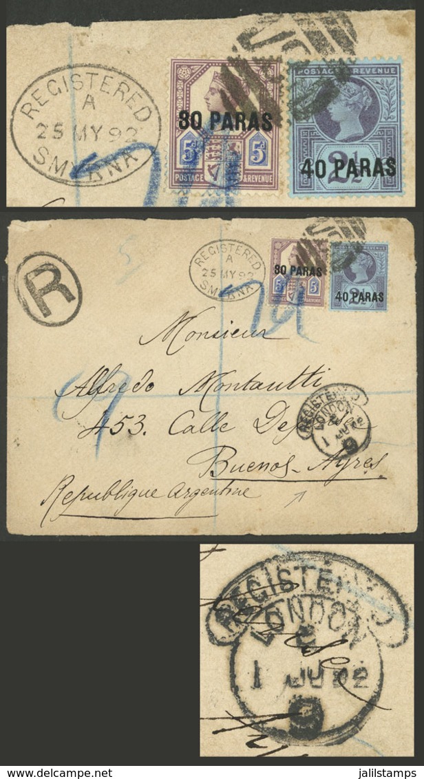TURKEY: 25/MAY/1892 SMYRNA - Buenos Aires (Argentina), Registered Cover Sent From The British Office Franked With 80pa.  - 1837-1914 Smirne