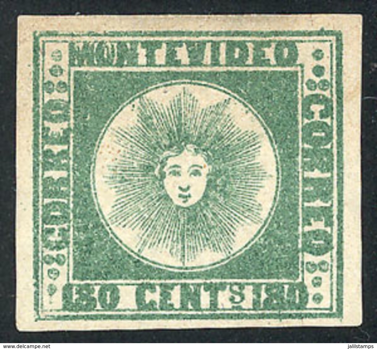 URUGUAY: Yvert 5, 1858 180c. Green, Mint Without Gum, Wide Margins, Excellent Quality! - Uruguay