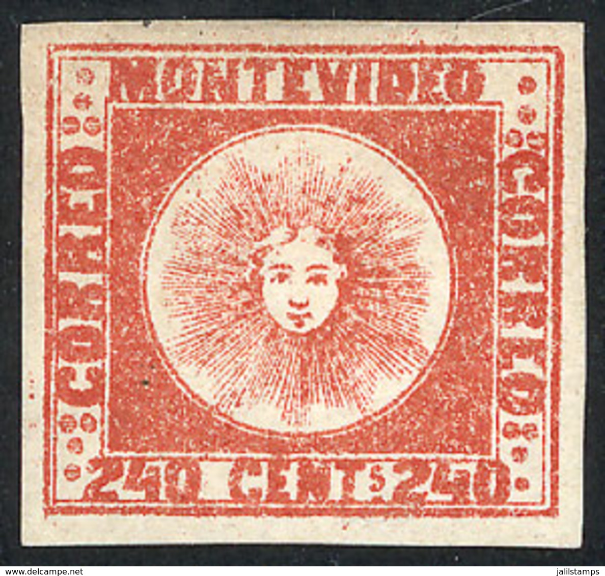 URUGUAY: Yvert 6, 1858 240c. Red, Mint Without Gum, Wide Margins, Excellent Quality! - Uruguay