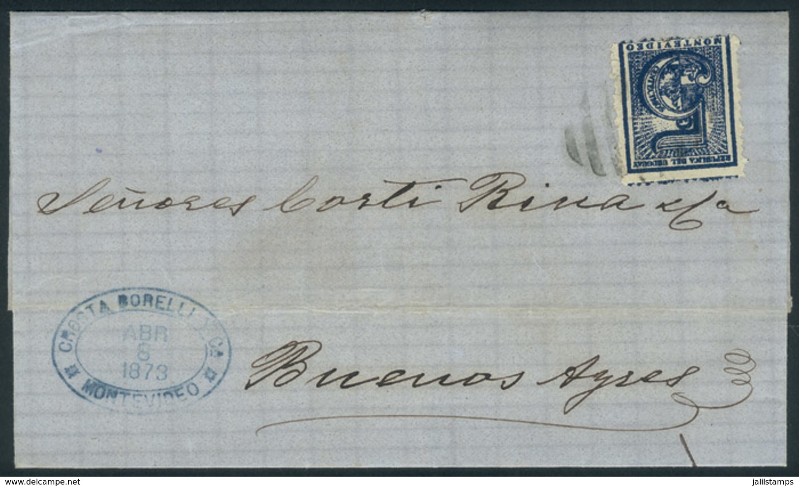URUGUAY: 8/APR/1873 MONTEVIDEO - Buenos Aires: Dated Folded Cover, Franked By Sc.35a (dark Blue), Semi-mute Barred Cance - Uruguay