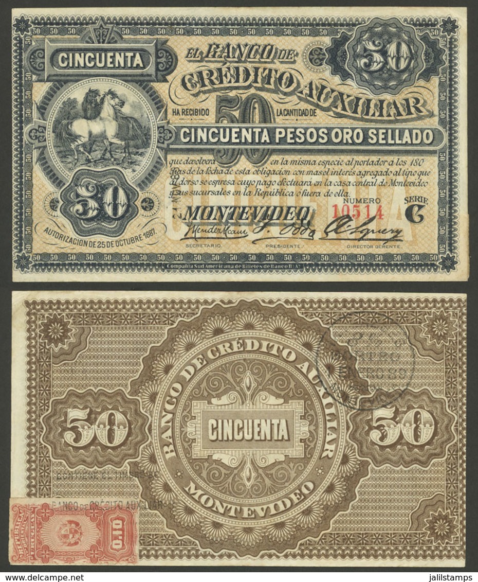 URUGUAY: Banknote Of 50 Pesos Oro Of Banco De Crédito Auxiliar, With Revenue Stamp Of 10c. On Back, VF! - Uruguay