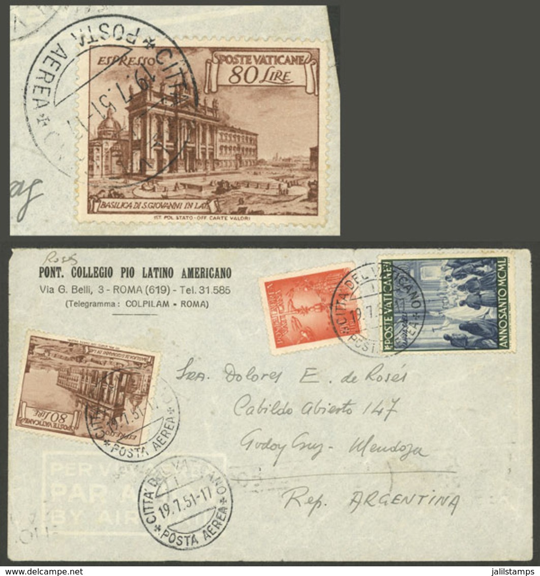 VATICAN: 19/JUL/1951 Vatican - Argentina, Airmail Cover Franked With 190L. Including The Express Stamp Of 80L. (Yvert 12 - Lettres & Documents