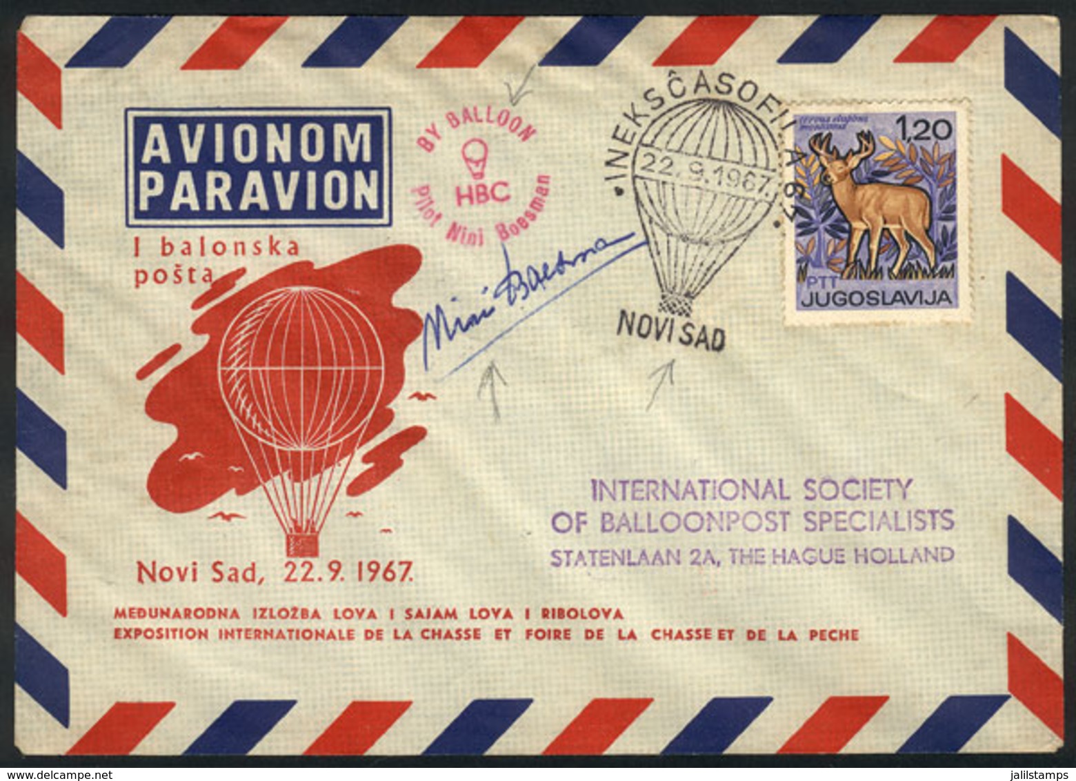 YUGOSLAVIA: Cover Flown By Balloon On 22/SE/1967, Signed And With A Special Handstamp, VF! - Altri & Non Classificati