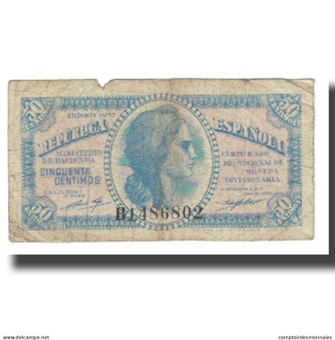 Billet, Espagne, 50 Centimos, 1937, KM:93, TB - 1-2 Peseten