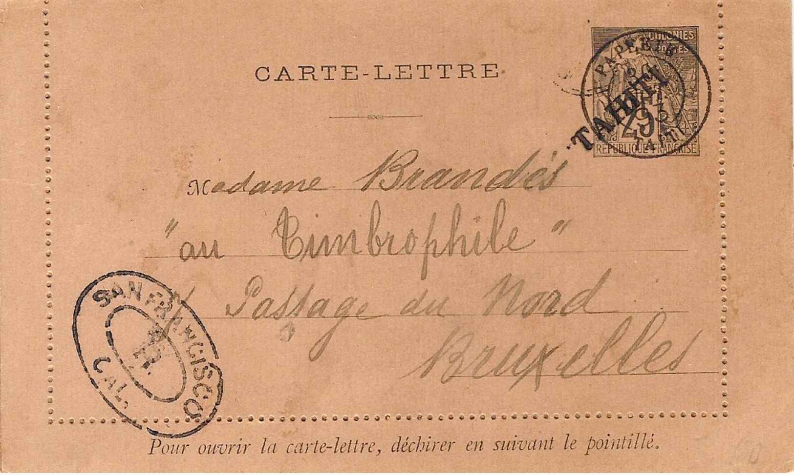 1893- Carte-Lettre E P 25 C Surcharge TAHITI Pour Bruxelles - Cachet De Transit De San Francisco - Lettres & Documents