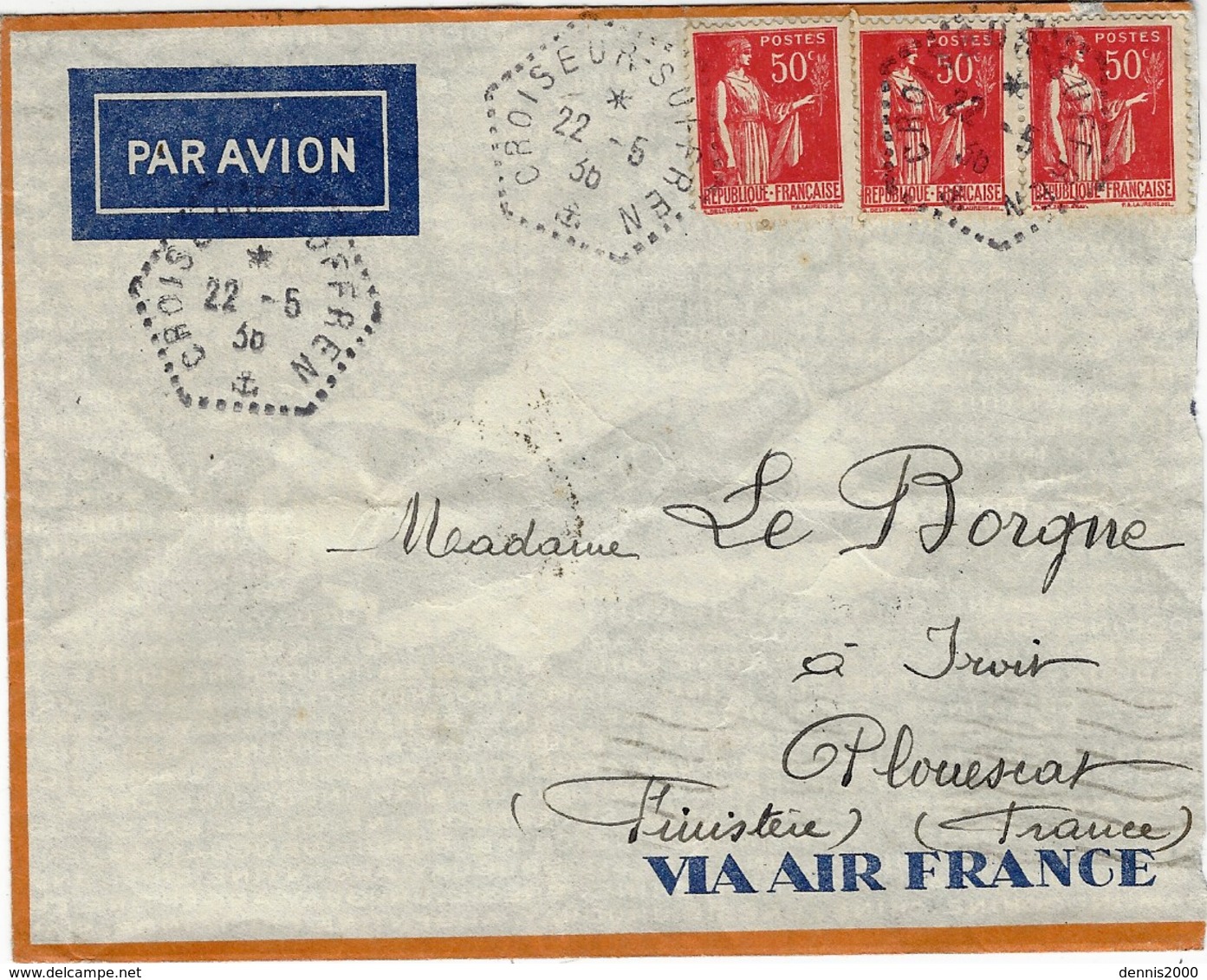 1936- Enveloppe PAR AVION Affr. à 1,50 F  Oblit. Agence Postale CROISEUR-SUFFREN - Poste Navale