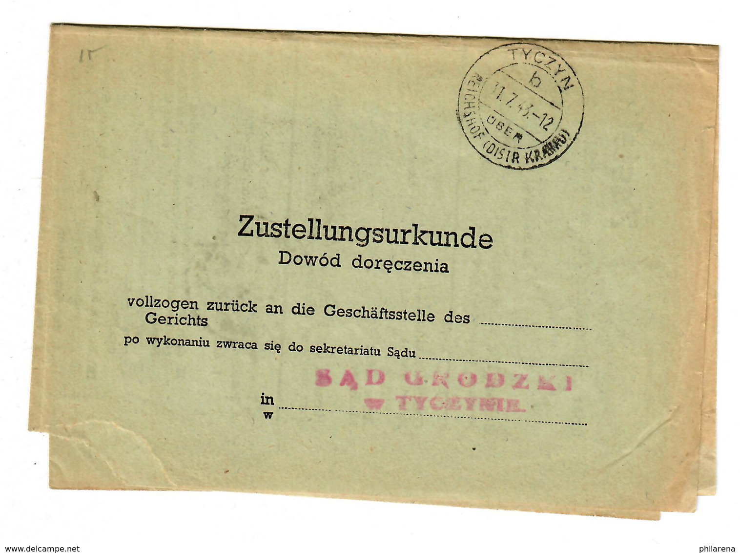 GG 1943: Zustellurkunde Tyczyn/Krakau - Occupation 1938-45