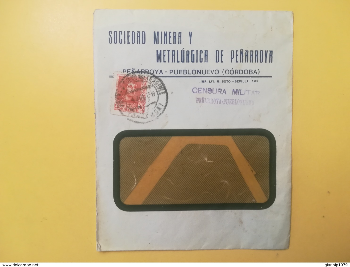 1932 BUSTA INTESTATA SPAGNA ESPANA BOLLO KING FERDINAL E CORDOBA PRO BENEFICENTIA ANNULLO OBLITERE' CENSURA MILITARE - Storia Postale