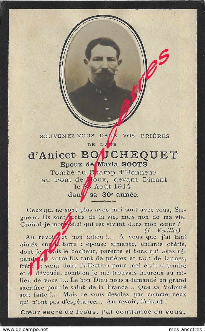 Guerre 1914-Faire-part De Décès Anicet BOUCHEQUET 110eR- époux SOOTS Mort Au Champ D'honneur En 1914 Pont De Houx - Obituary Notices