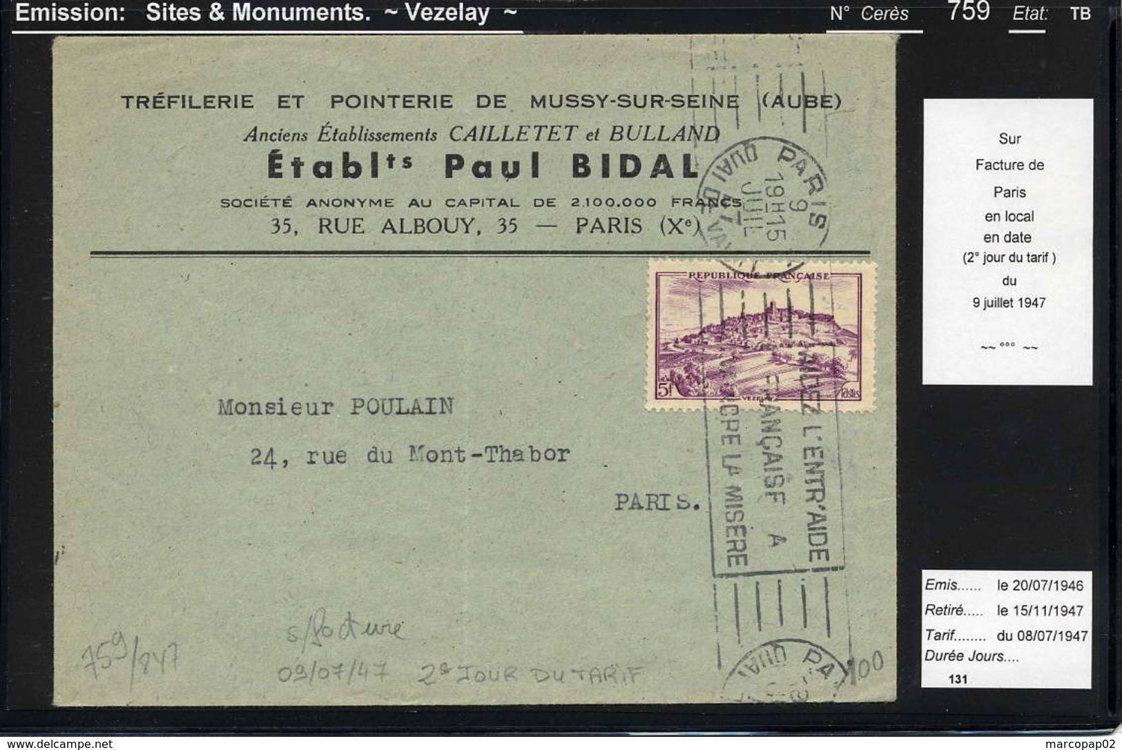 MAURY N°759 - VEZELAY  -  S/FACTURE DU 9/7/1947 - ENVELOPPE NON CLOSE - 1921-1960: Période Moderne