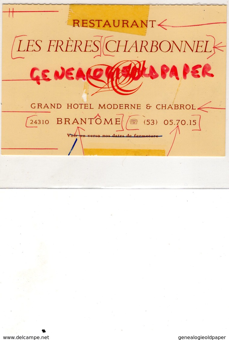 24 - BRANTOME - RARE CARTE PUB RESTAURANT LES FRERES CHARBONNEL-GRAND HOTEL MODERNE - Werbung