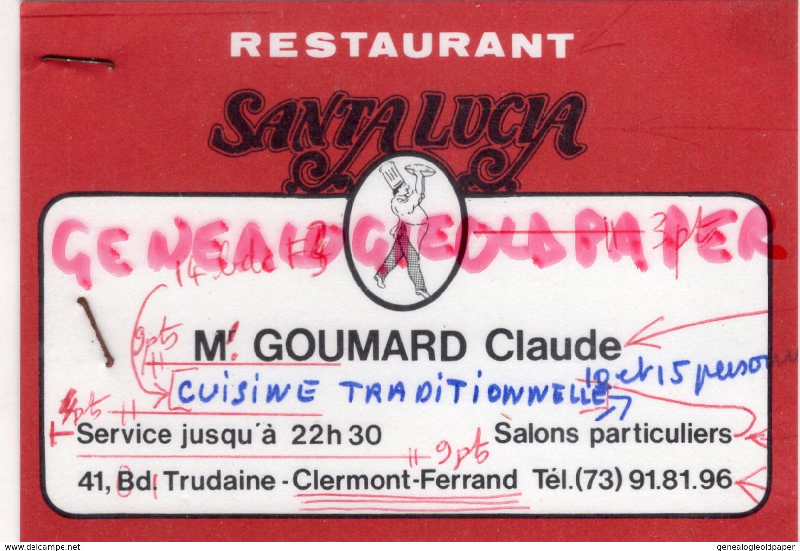 63- CLERMONT FERRAND - RARE CARTE PUB RESTAURANT SANTA LUCIA - CLAUDE GOUMARD-41 BD TRUDAINE - Werbung