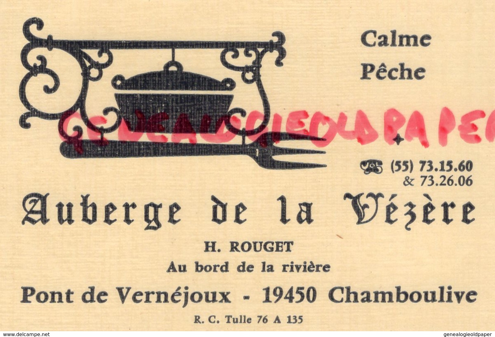 19- CHAMBOULIVE- RARE CARTE PUB RESTAURANT AUBERGE DE LA VEZERE- H. ROUGET PONT DE VERNEJOUX - Advertising