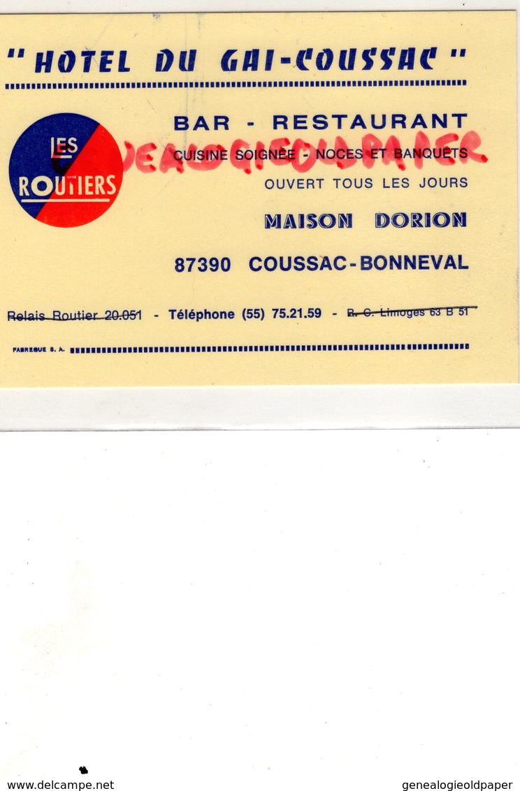 87- COUSSAC BONNEVAL- RARE CARTE PUB RESTAURANT HOTEL DU GAI COUSSAC-MAISON DORION - LES ROUTIERS - Werbung