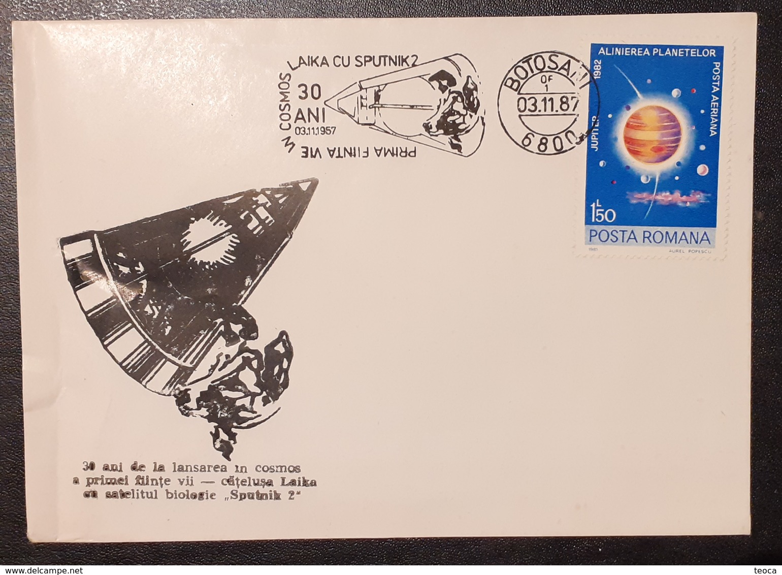 SPACE, COSMOS COVER SPECIAL  ROMANIA 1987 SPECIAL POSTMARK  Cosmos Mai Ia With SPUTNIK 2 Botoșani 1987 - Europe