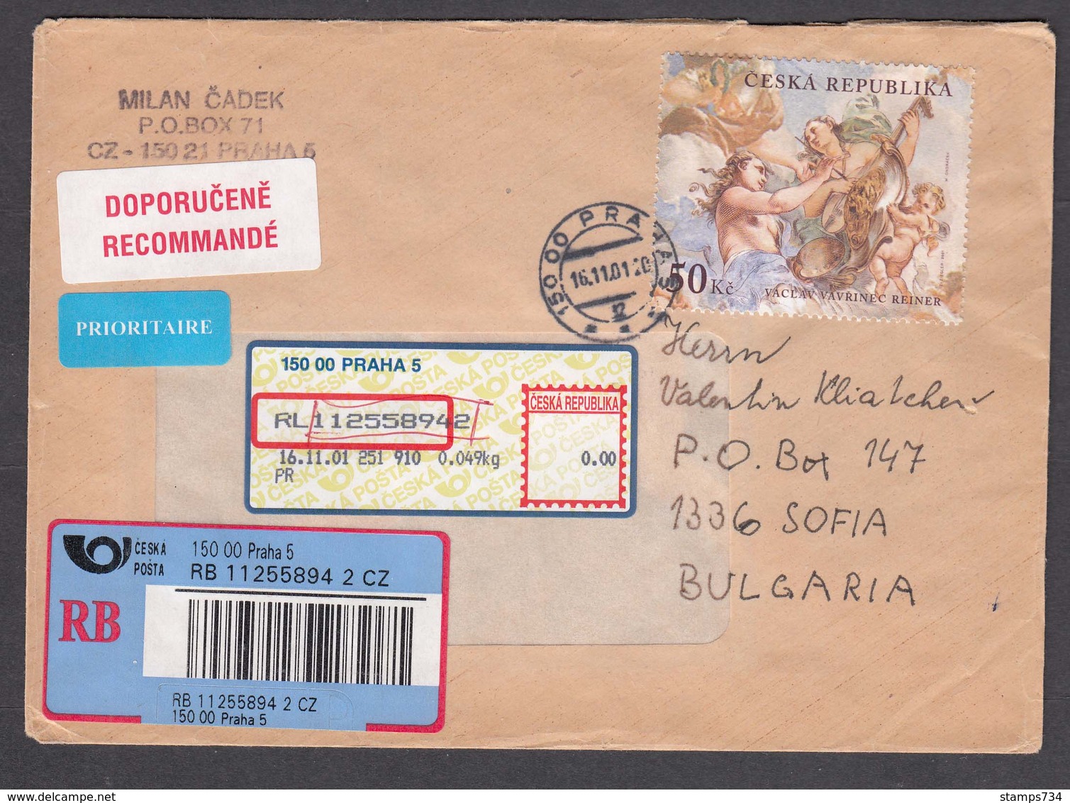 Czech Rep. - 15/2001, 50 Kc. - Art Of The Baroque, R-Letter Praha/Sofia - Covers & Documents