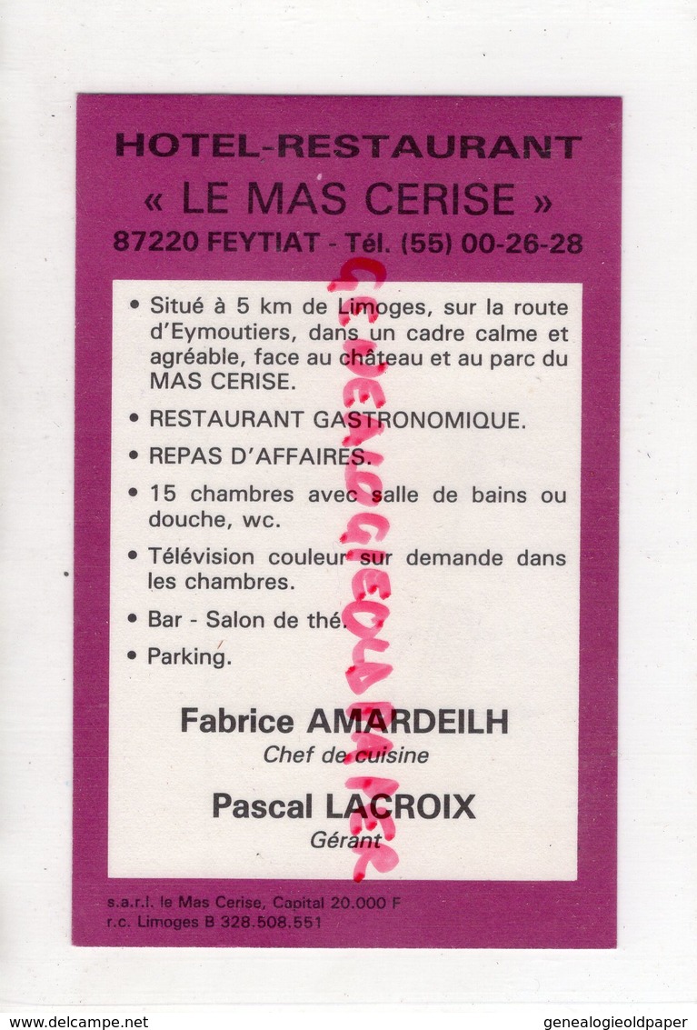 87 - FEYTIAT- RARE CARTE PUB HOTEL RESTAURANT LE MAS CERISE- FABRICE AMARDEILH CHEF CUISINE-PASCAL LACROIX GERANT - Werbung