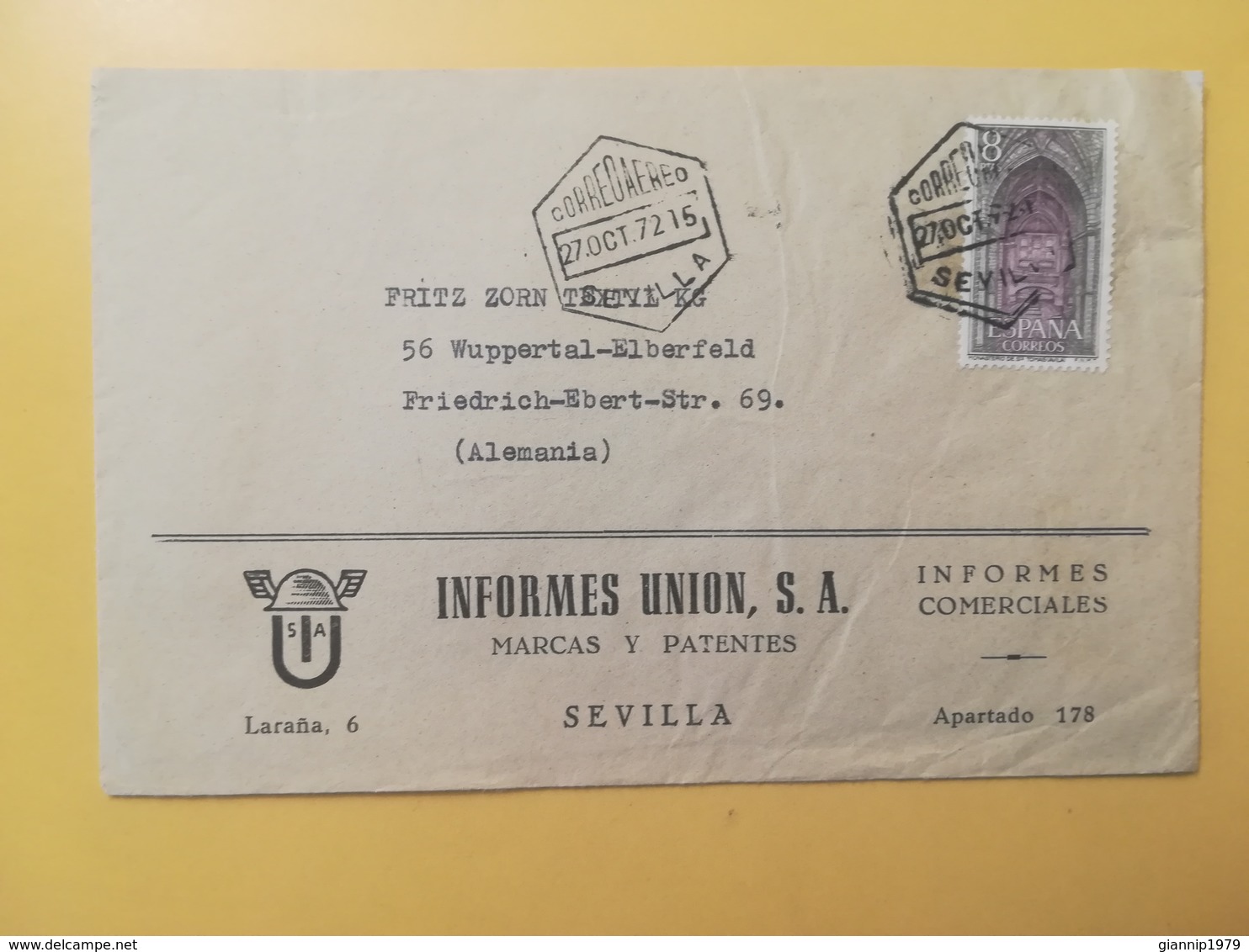 1972 BUSTA INTESTATA SPAGNA ESPANA BOLLO CASTELLO CASTLE ABBEYS ANNULLO OBLITERE' SEVILLA TIMBRO ESAGONO - Storia Postale