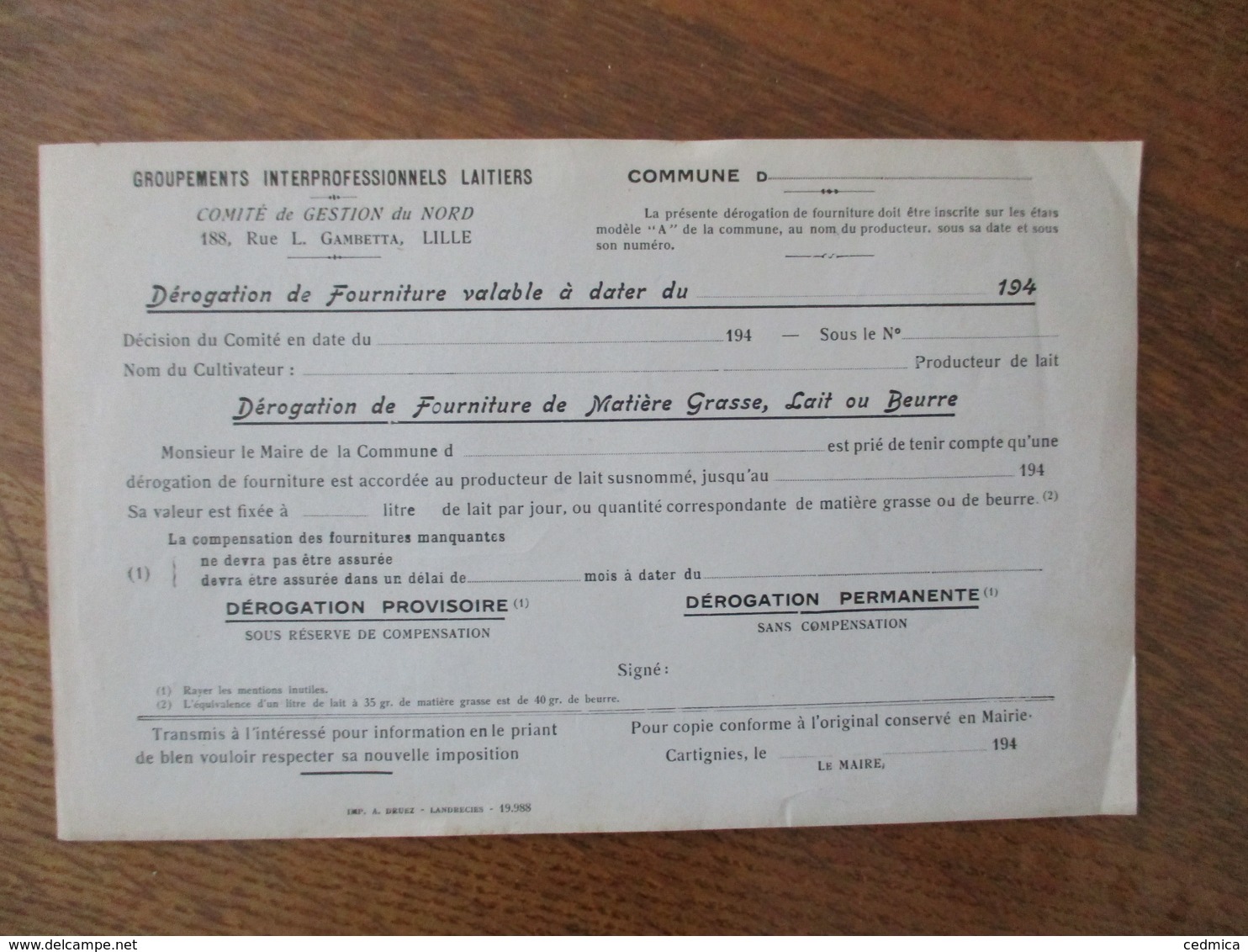 GROUPEMENTS INTERPROFESSIONNELS LAITIERS COMITE DE GESTION DU NORD 188 RUE L. GAMBETTA LILLE COMMUNE CARTIGNIES 194 - Documenti Storici