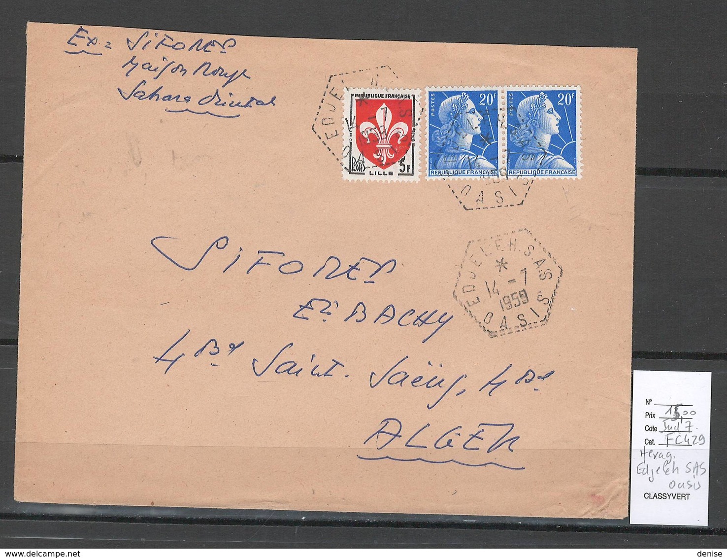 Algerie - Lettre  - Cachet Hexagonal EDJELEH SAS - Oasis- Marcophilie - Lettres & Documents