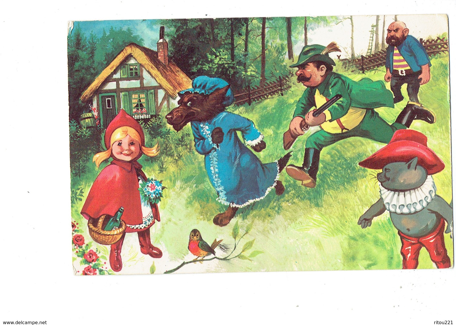 Cpm - Illustration LE PETIT CHAPERON ROUGE Fillette Loup Chasseur Fusil Chat Botté Bouteille Oiseau - Contes, Fables & Légendes