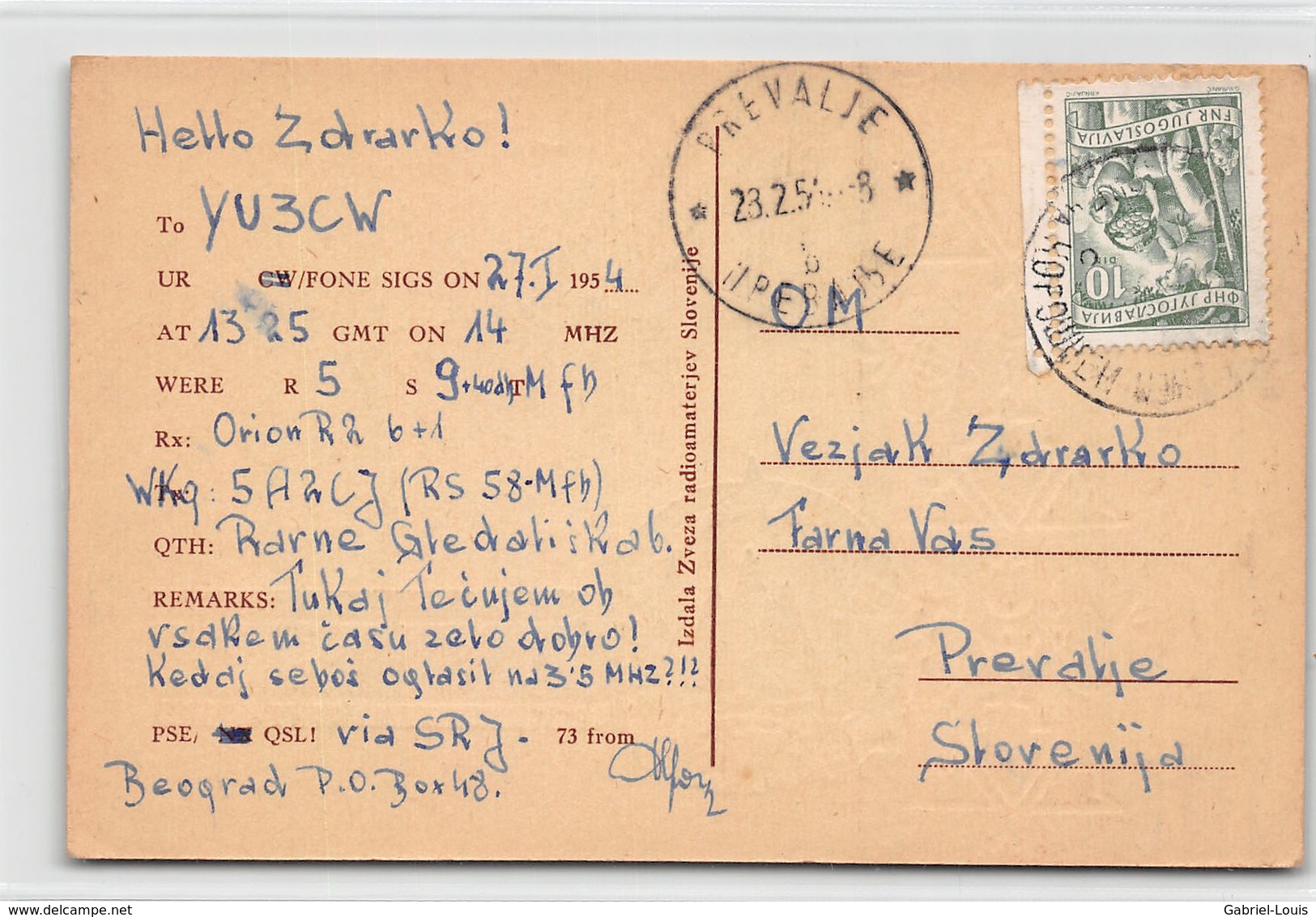 QSL Cards - YU3RS73 To YU3CW Yugoslav Amateur Station - Yugoslavia - Slovenije - Sloveija - 1954 - Radio Amatoriale