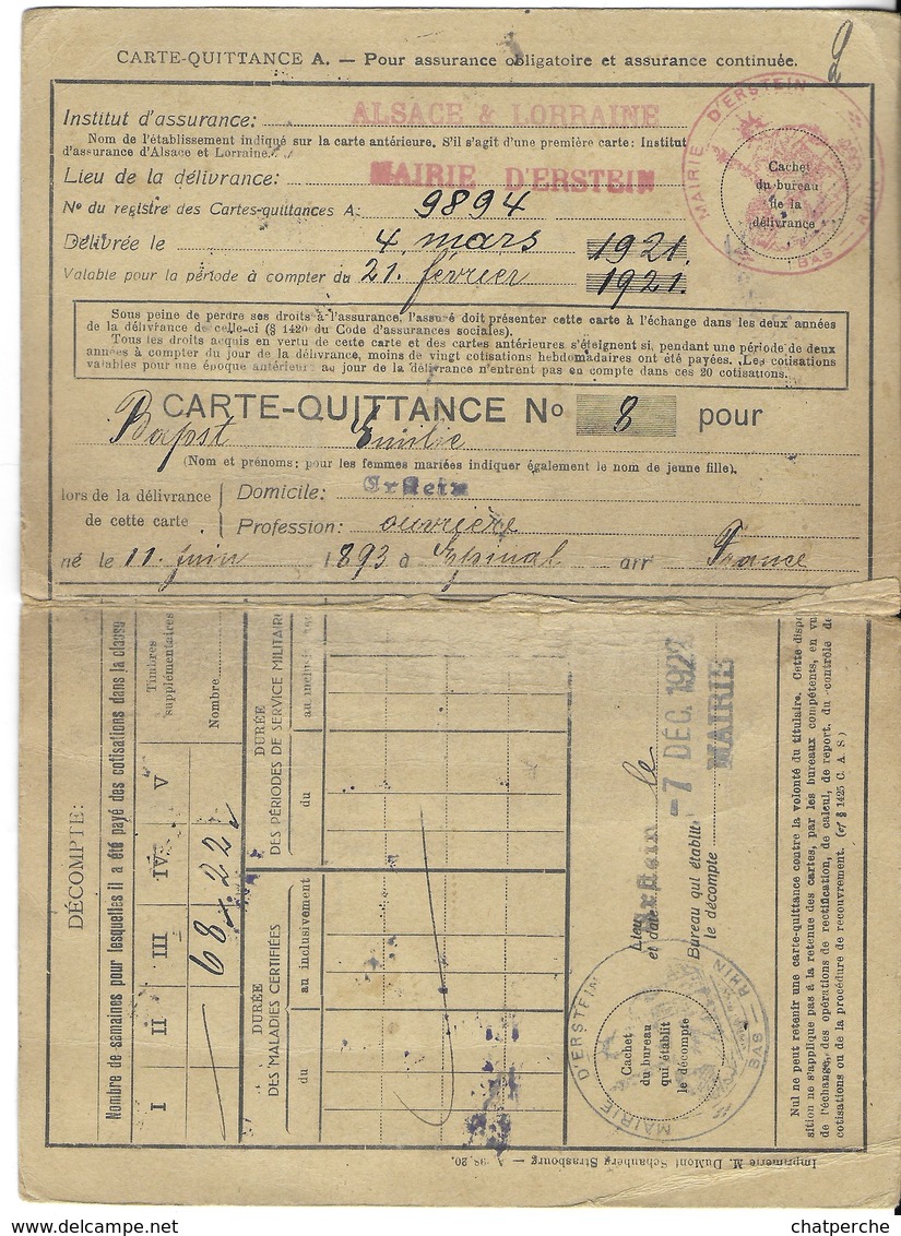 DOCUMENT ADMINISTRATIF CARTE QUITTANCE ASSURANCE OBLIGATOIRE ET CONTINUÉE 1921 MAIRIE ERSTEIN 67 AVEC TIMBRES - Banque & Assurance