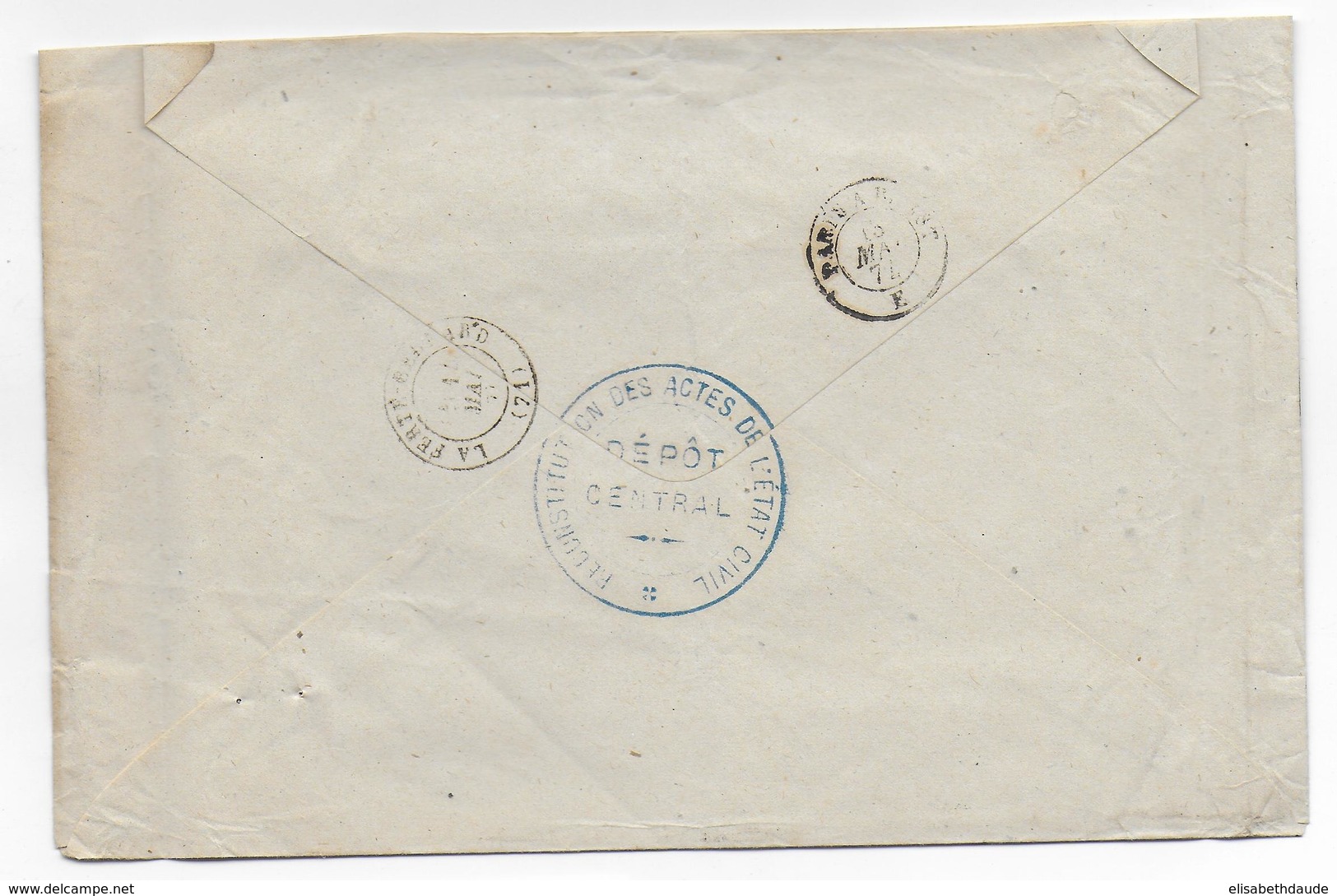 1874 - ENVELOPPE De La RECONSTITUTION DES ACTES DE L'ETAT-CIVIL Avec MARQUE De FRANCHISE BLEUE RARE - IND 15 - Cartas Civiles En Franquicia