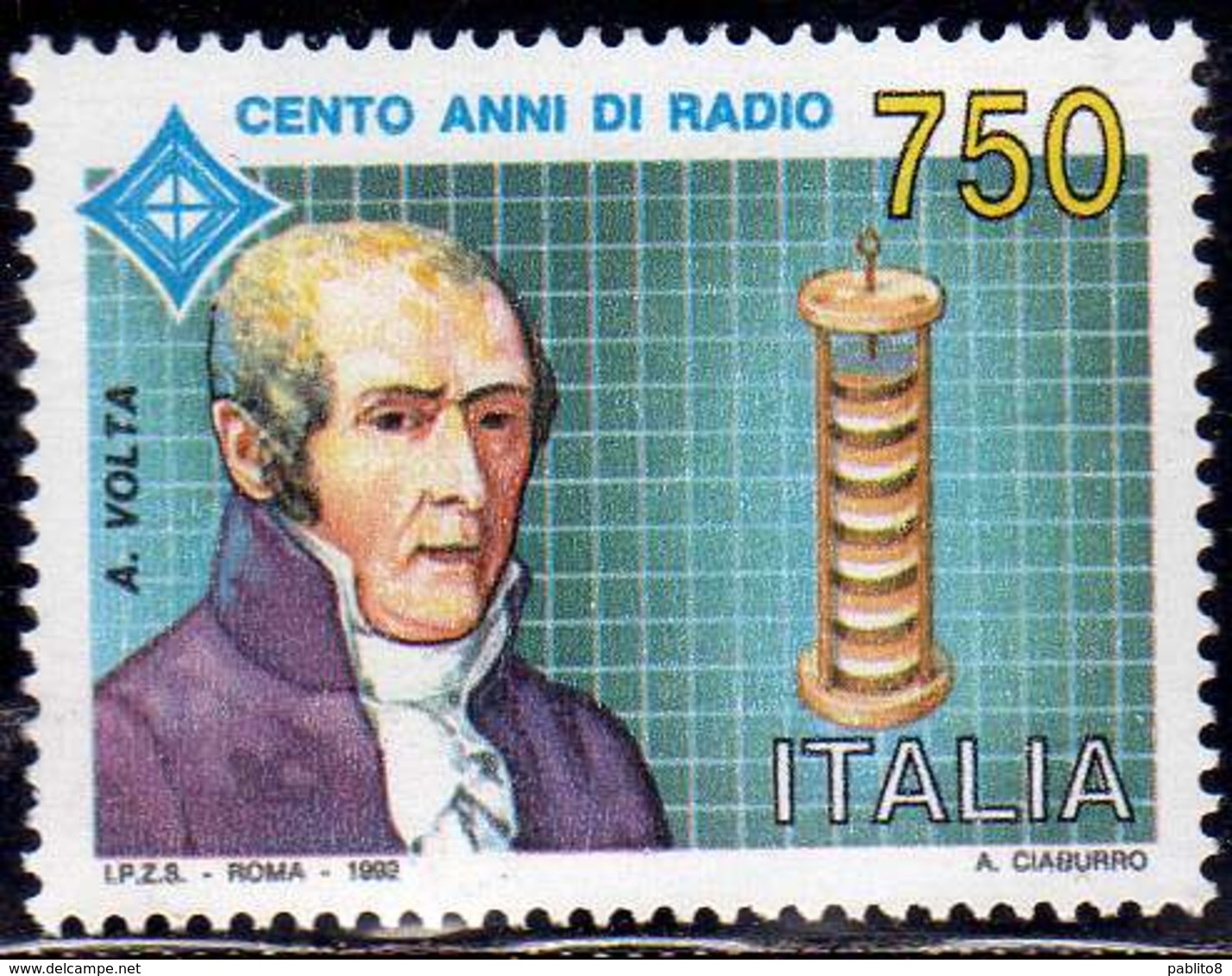 ITALIA REPUBBLICA ITALY REPUBLIC 1992 INVENZIONE DELLA RADIO INVENTION ALESSANDRO VOLTA LIRE 750 MNH - 1991-00: Ungebraucht