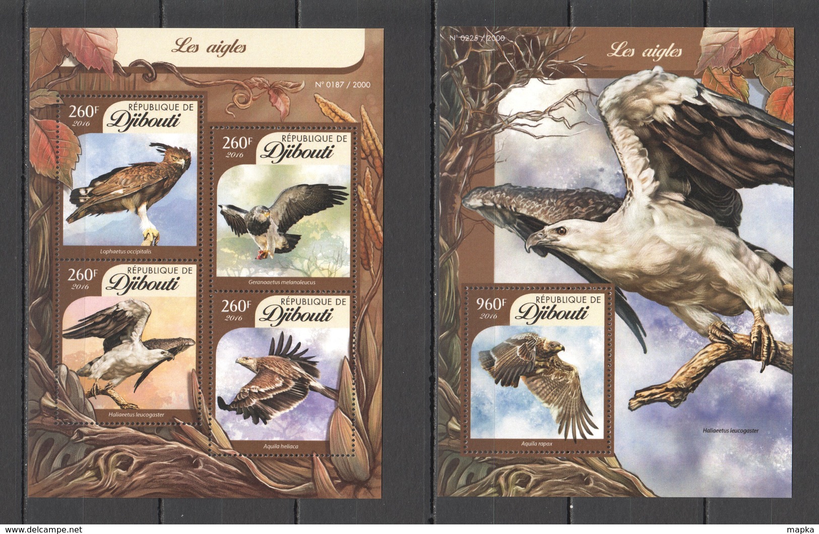 DJ115 2016 DJIBOUTI FAUNA BIRDS EAGLES AIGLES 1KB+1BL MNH - Águilas & Aves De Presa