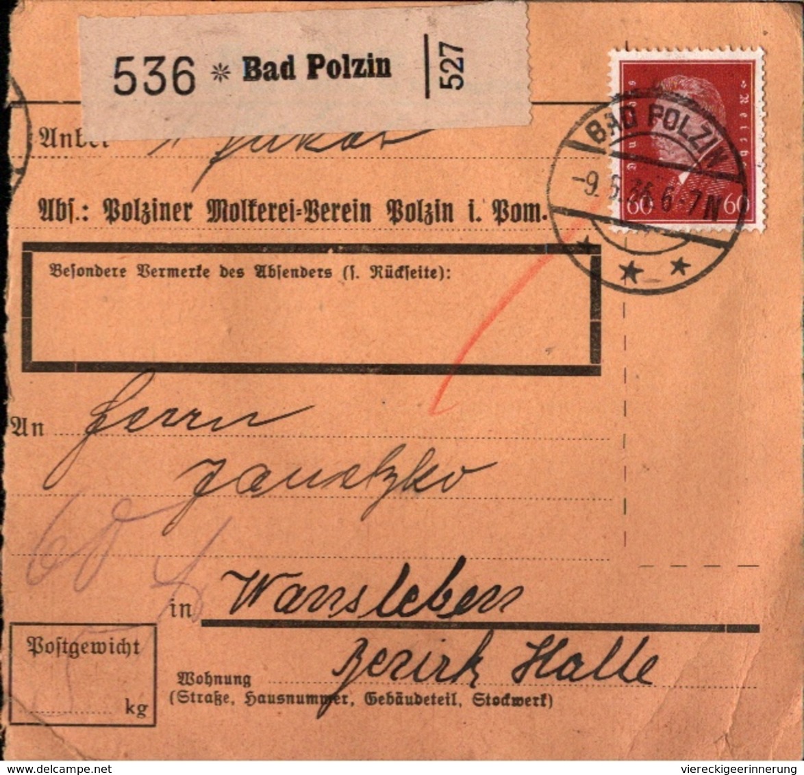 ! 1934 Paketkarte Deutsches Reich, Bad Polzin, Molkerei Verein, Wansleben - Briefe U. Dokumente