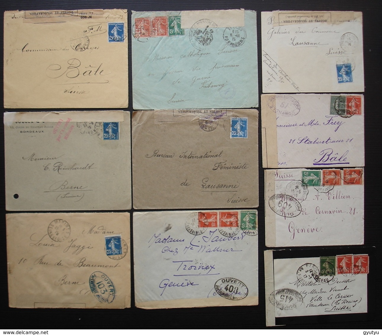 Lot De 10 Lettres Pour La Suisse Ouvertes Par L'autorité Militaires (censure) 1ere Guerre Mondiale, Différents Cachets - 1877-1920: Semi-moderne Periode