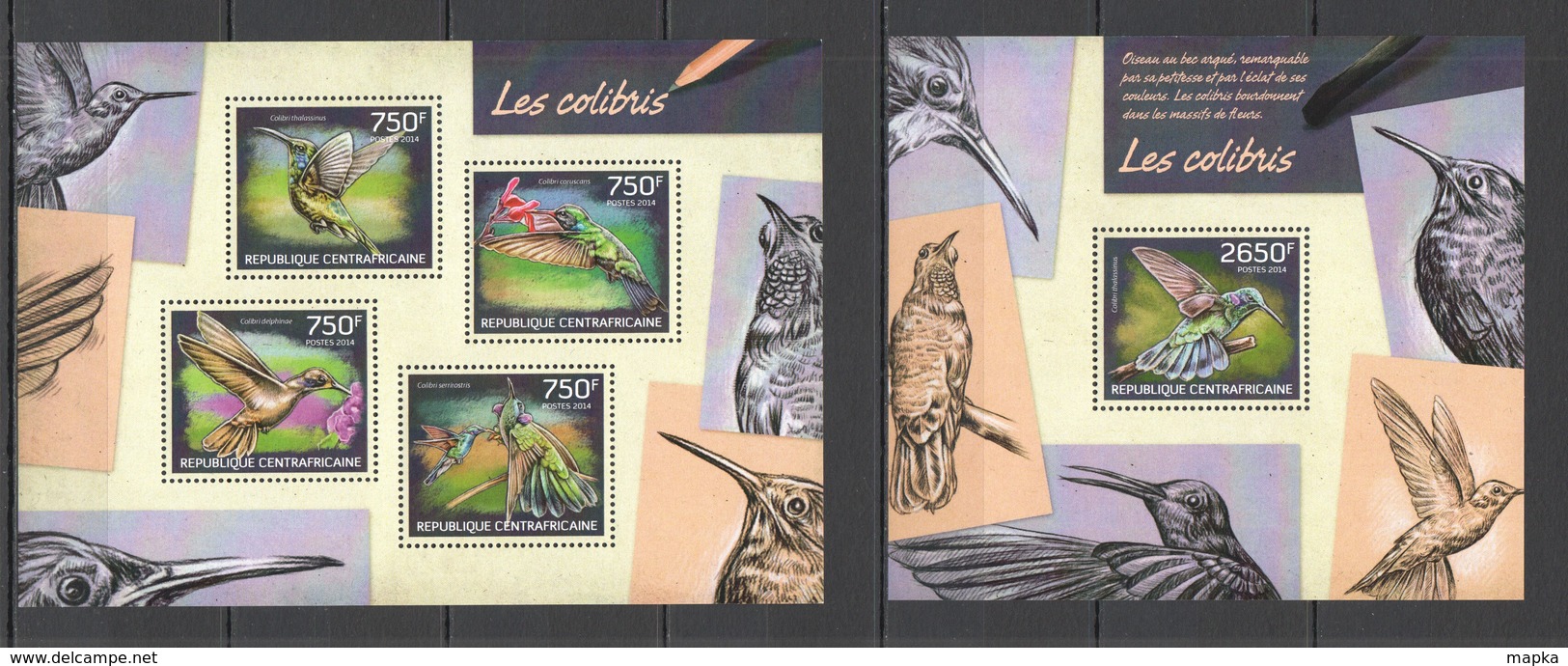 CA534 2014 CENTRAL AFRICA CENTRAFRICAINE FAUNA BIRDS HUMMINGBIRDS LES COLIBRIS  KB+BL MNH - Colibríes