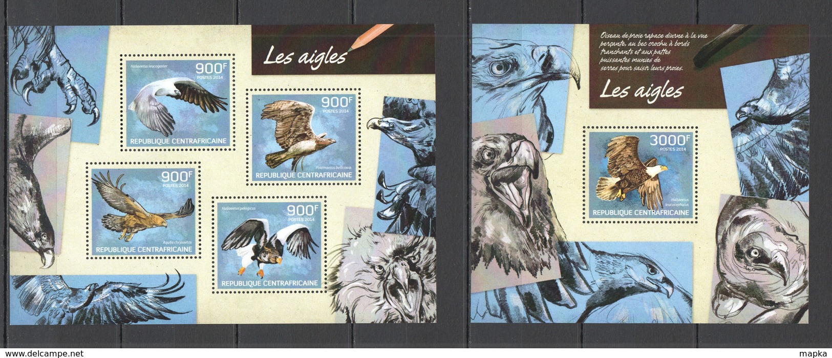 CA535 2014 CENTRAL AFRICA CENTRAFRICAINE FAUNA BIRDS EAGLES LES AIGLES KB+BL MNH - Águilas & Aves De Presa